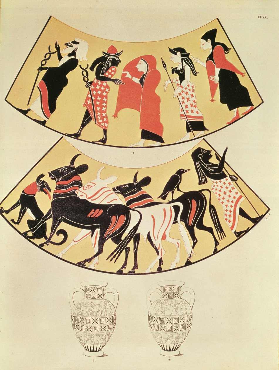 Designs fra en etruskisk vase, der forestiller en procession af præster og markerer en ny bys grænser ved hjælp af en oksetrukne plov af Eduard Gerhardt