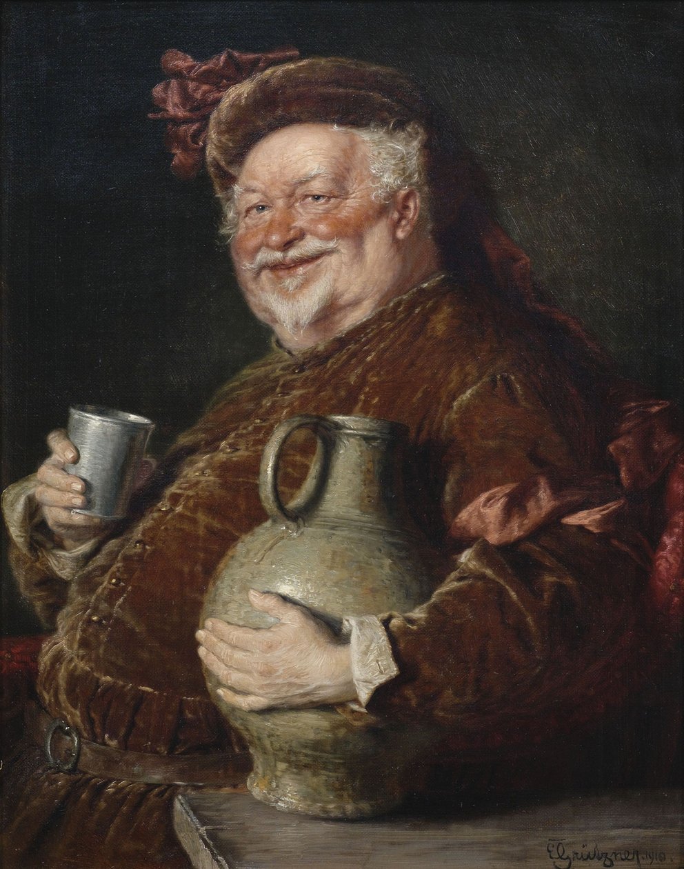 Falstaff med en tankard af vin og blikbæger, 1910 af Eduard Gruetzner von
