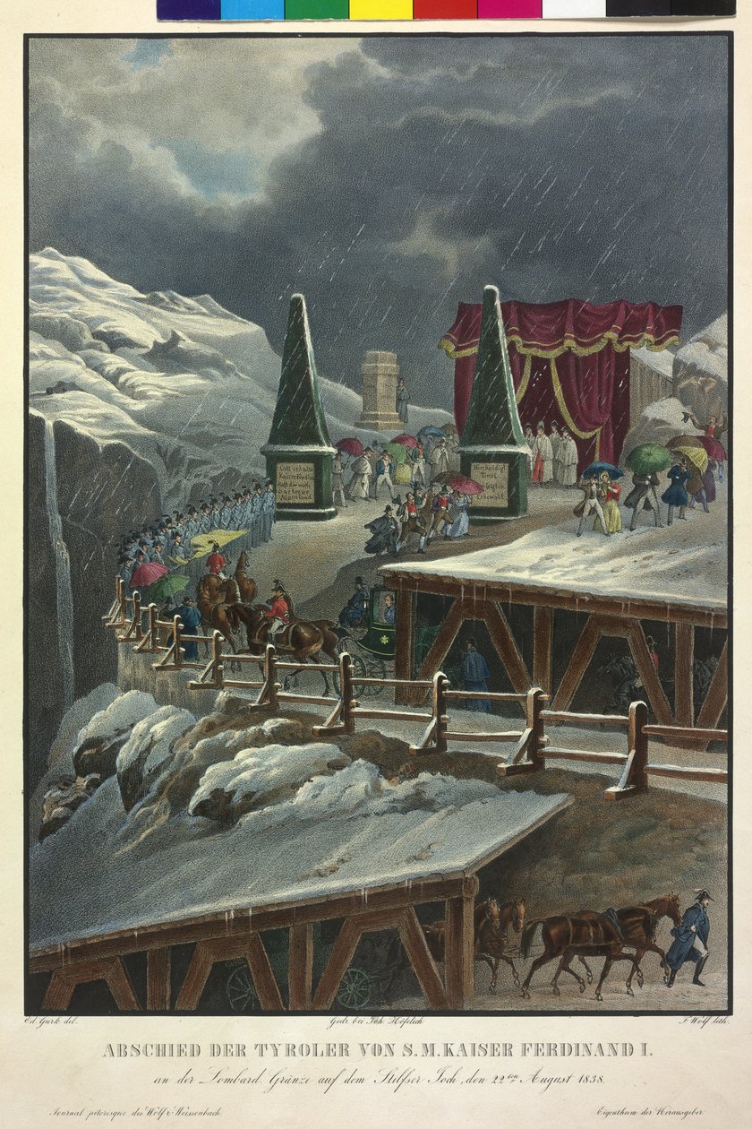 Tyrolernes afsked med kejser Ferdinand I den 22. August 1838 (farvelitografi) af Eduard Gurk