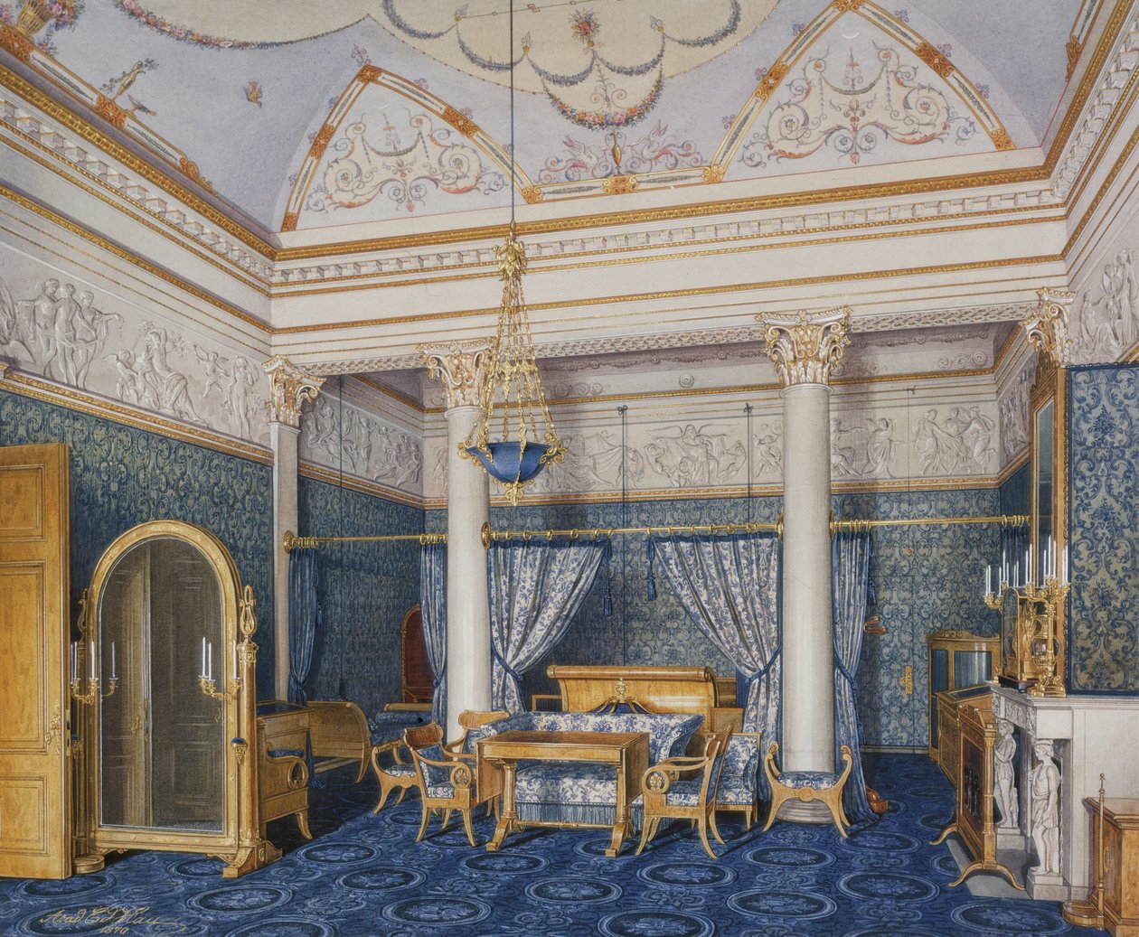 Interiør af Vinterpaladset. Kejserinde Alexandra Fyodorovnas sengekammer, 1870 af Eduard Hau