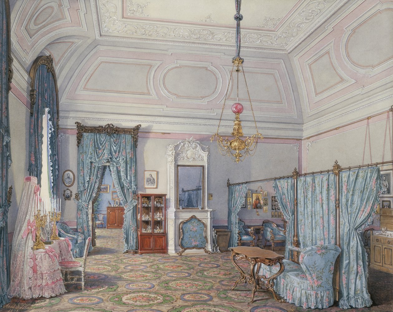 Interiør af Vinterpaladset. Den femte reserverede lejlighed. Storprinsesse Maria Alexandrovnas soveværelse, 1873 af Eduard Hau