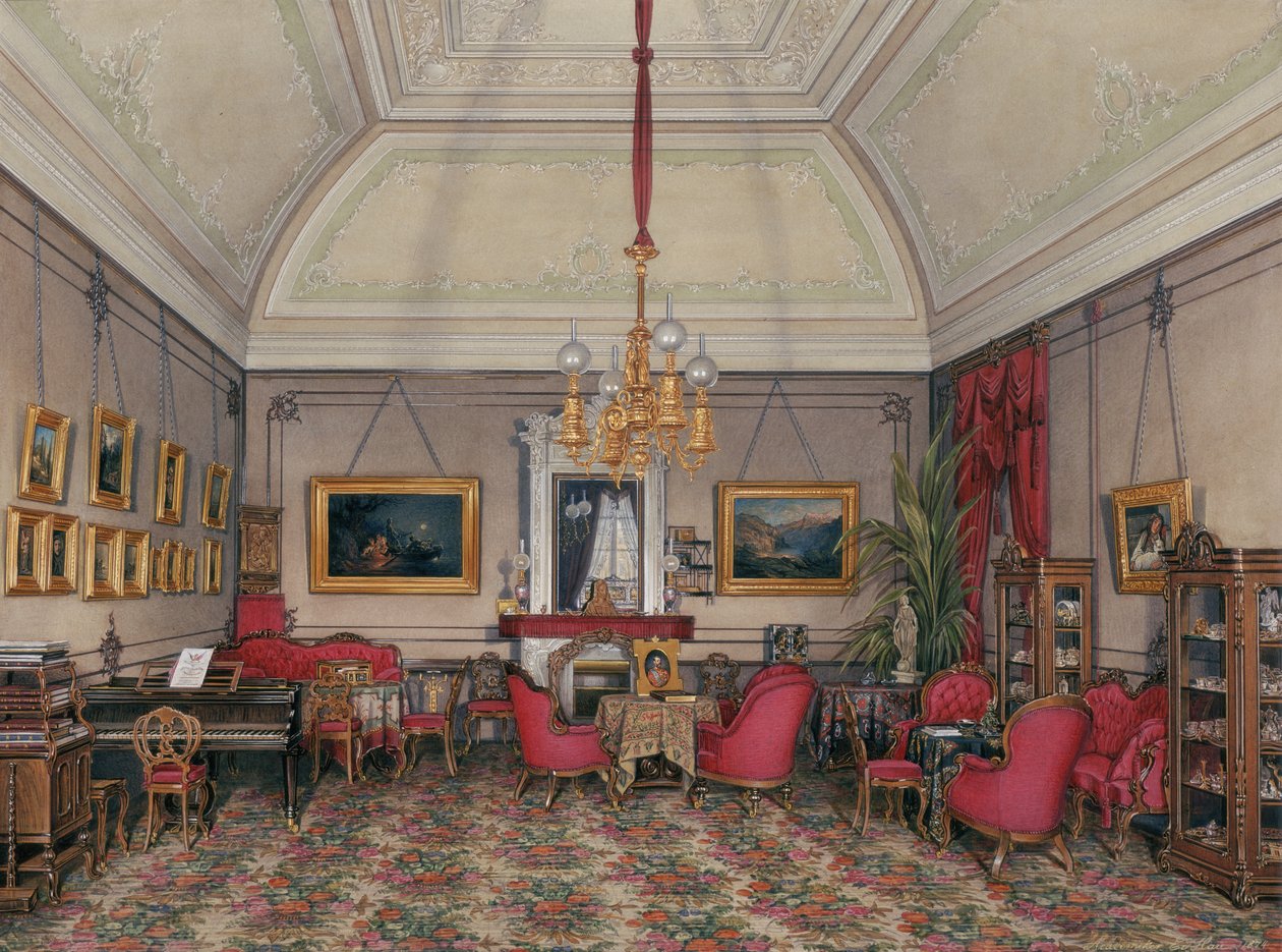Interiør af Vinterpaladset. Den femte reserverede lejlighed. Storprinsesse Maria Alexandrovnas tegnestue, 1874 af Eduard Hau