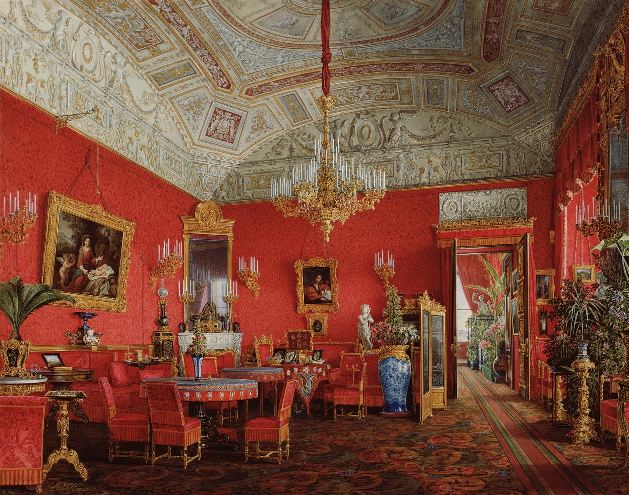 Interiør af Vinterpaladset. Kejserinde Alexandra Fyodorovnas store tegnestue, 1858 af Eduard Hau