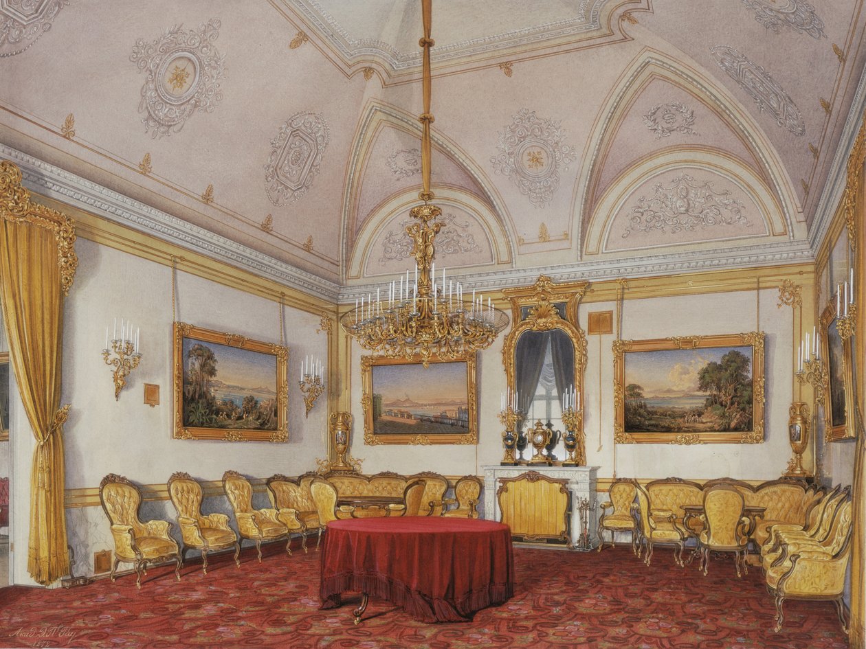 Interiør af Vinterpaladset. Den tredje reserverede lejlighed. Tegnestuen, 1872 af Eduard Hau