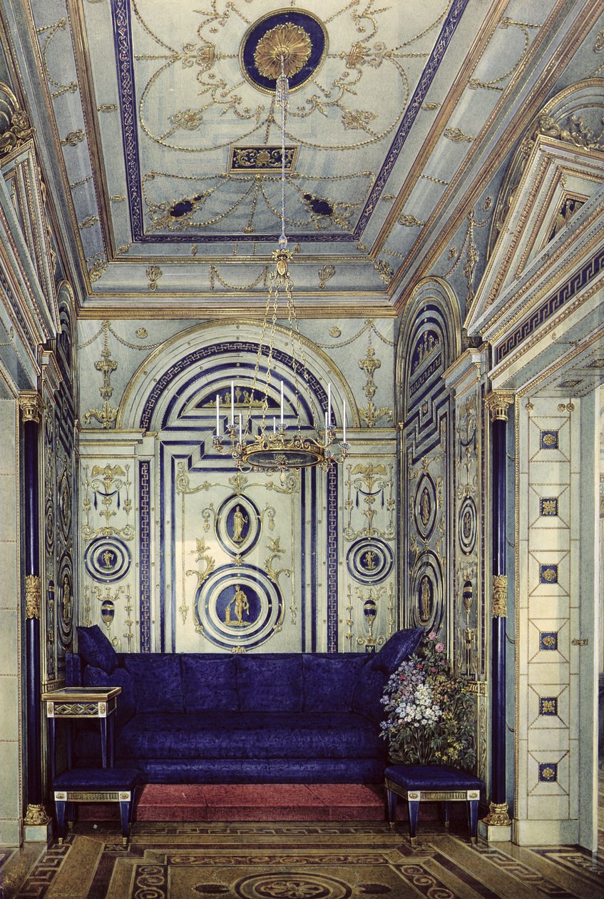 The Blue Study i Grand Palais i Tsarkoye Selo, før 1840 (wc, gouache og blæk på papir) af Eduard Hau