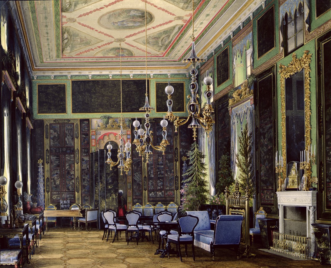 Det kinesiske værelse i Great Palais i Tsarskoye Selo (wc, gouache og blæk på papir) af Eduard Hau