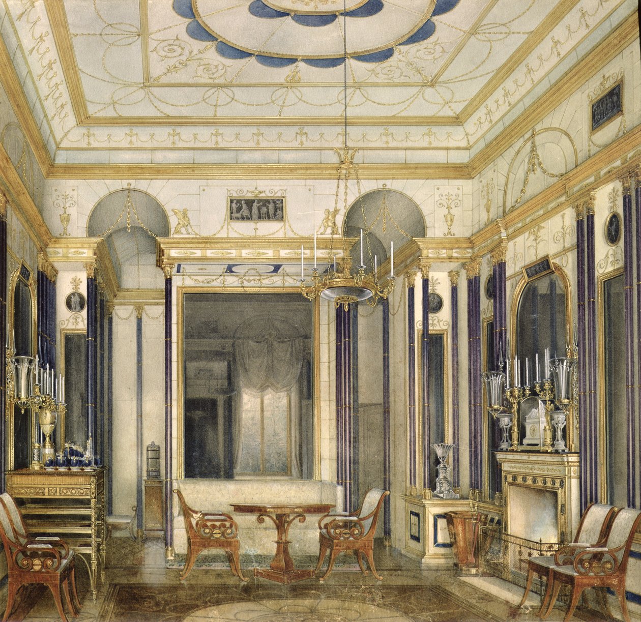 Kejserinde Maria Alexandrovnas tegnestue i Det Store Palais i Tsarskoye Selo (wc, gouache og blæk på papir) af Eduard Hau