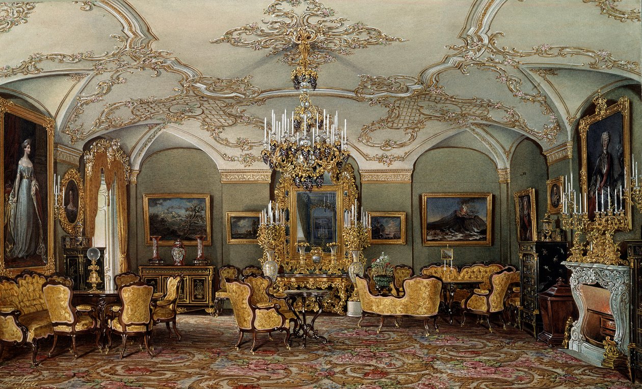 Udsigt over Salonen af Alexandra Fyodorovna (Fedorovna eller Feodorovna eller Charlotte af Preussen (1798-1860)), kone til zar Nicholas I på Gatchina Palace. Akvarel tilskrevet Eduard (Edouard) Hau (1807-1870) Sankt Petersborg fra det 19. århundrede, Eremi af Eduard Hau