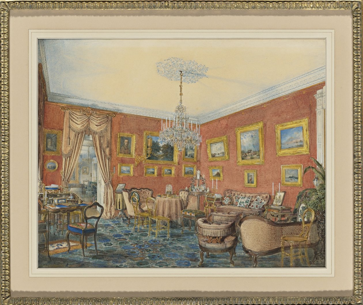 Udsigt over kunstnernes dagligstue i hans rækkehus ved Neva i St. Petersborg, 1859 af Eduard Hau