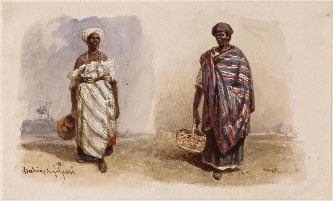 To afro-brasilianske kvinder med skuldertørklæder, den ene med en vandkande, den anden med en kurv af Eduard Hildebrandt