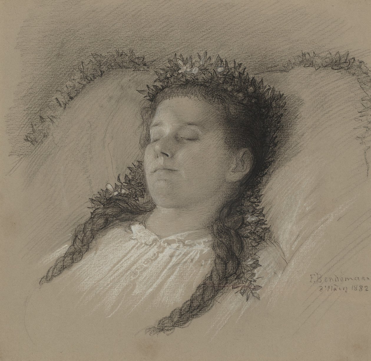 En pige på sit dødsleje med en krone af blomster af Eduard Julius Friedrich Bendemann