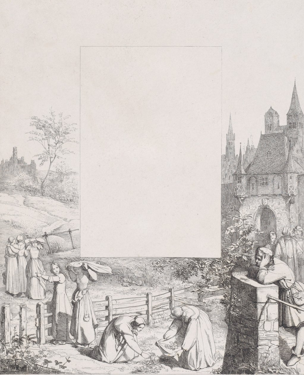Plade 5: Kvinder, der samler planter og bærer dem over hovedet, en mandlig tilskuer ved ri..., 1836. af Eduard Julius Friedrich Bendemann