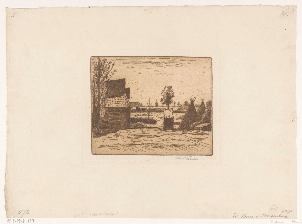 Gårdsplads med lade og høskår Gård (titel på objekt) af Eduard Karsen (signed by artist)