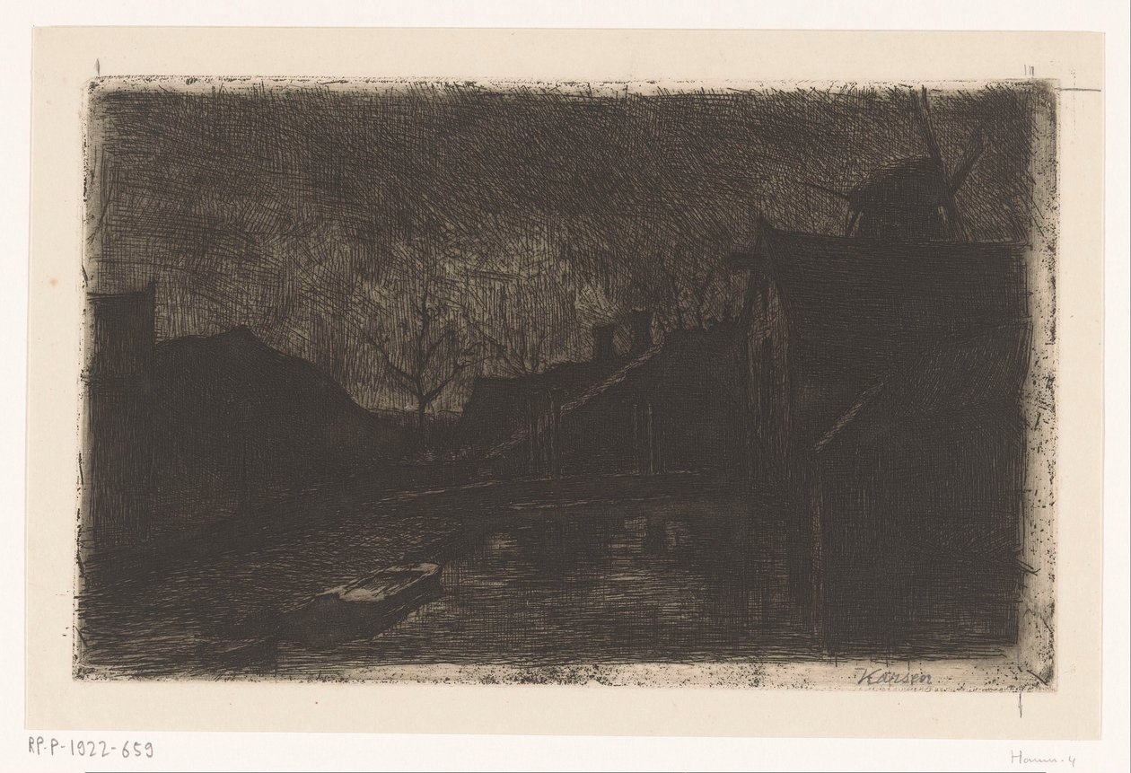 Landskab med huse og mølle om natten af Eduard Karsen (signed by artist)