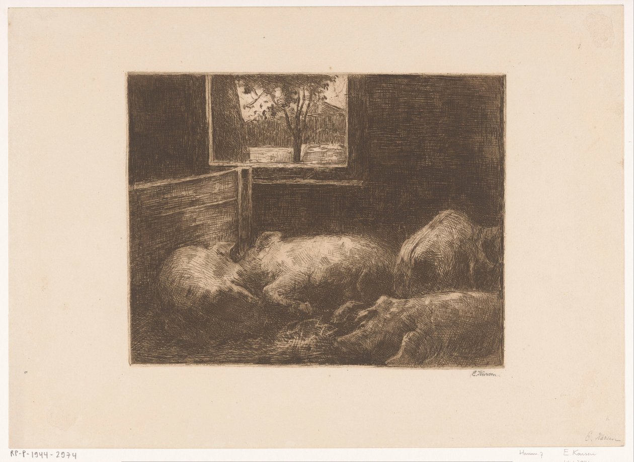 Grise i stald af Eduard Karsen (signed by artist)