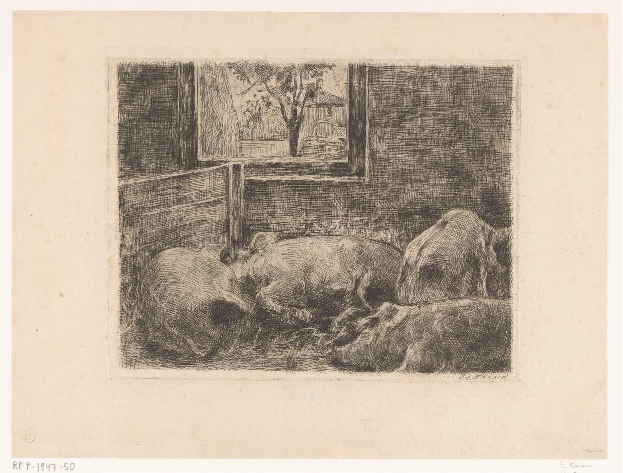 Grise i stald af Eduard Karsen (signed by artist)