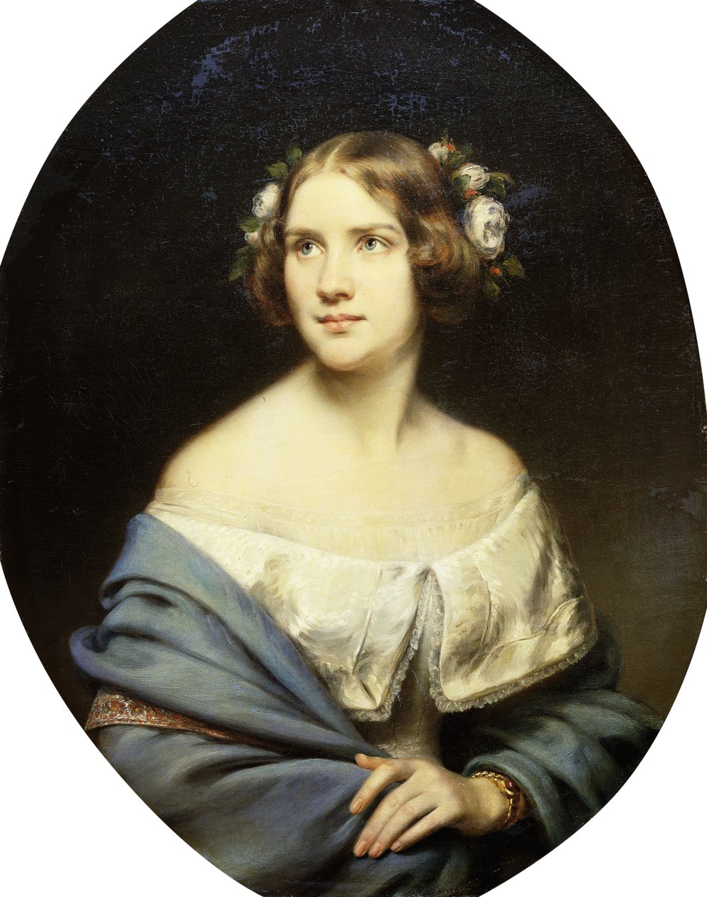 Portræt af Jenny Lind, stående halvlængde i en hvid kjole og et lyseblåt sjal, af Eduard Magnus