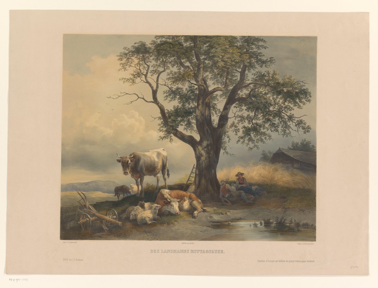 Figurer med kvæg hvilende i et landskab Des Landmanns Mittagsruhe (titel på objekt) af Eduard Weixlgärtner