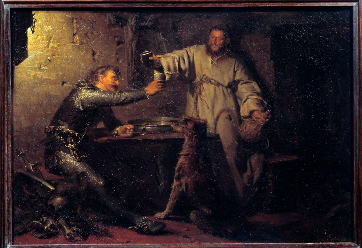 Midaldrende kriger skåler med en eremit i et værtshus Maleri af Eduard von Grutzner (1846-1925) 1878 Søn. 0,44x0,63 m Paris, musee d