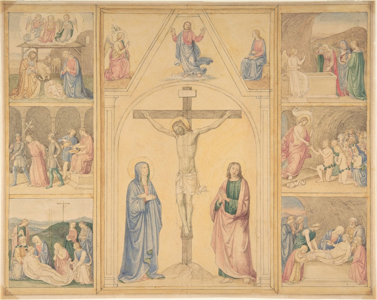 Kristus på korset med seks scener fra Kristi liv, ca. 1850. af Eduard von Steinle
