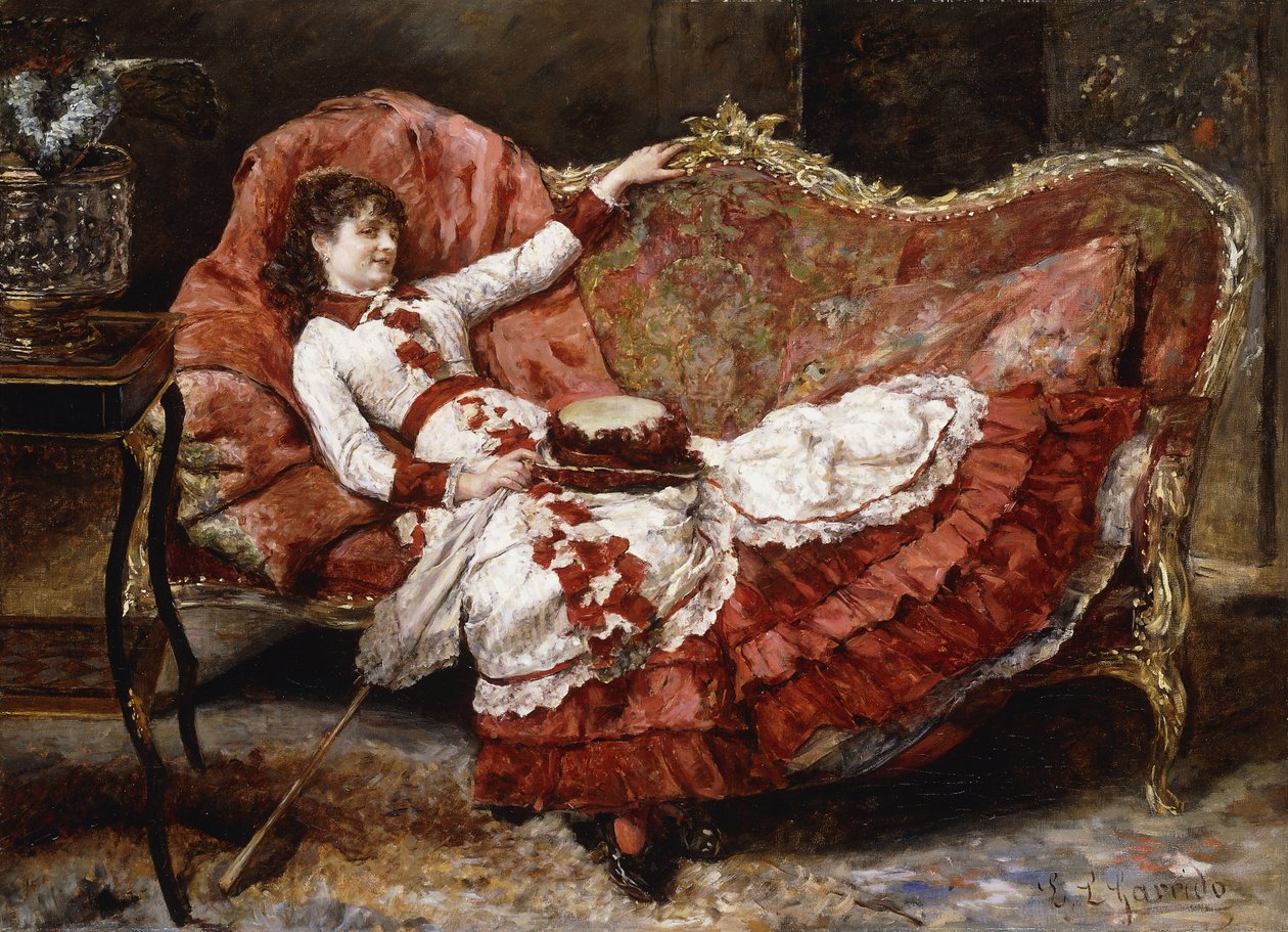 En elegant dame i en rød kjole, af Eduardo Leon Garrido