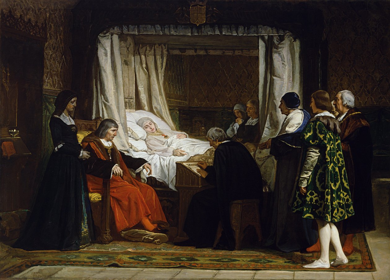 La Reine Isabelle la Catholique dicte son testamente - Dronning Isabella I af Castilien dikterer sin sidste vilje og testamente - Maleri af Eduardo Rosales Gallina (1836-1873) - 1864 - Olie på lærred - 290x400 - Museo del Prado, Madrid af Eduardo Rosales