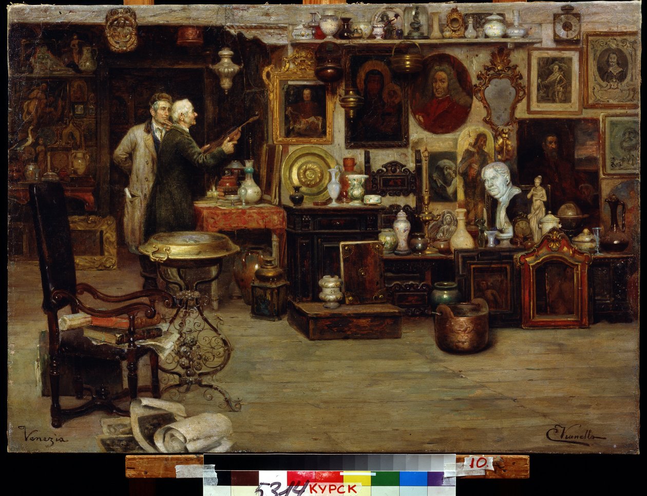 Nysgerrighedsbutikken. Maleri af Eduardo Vianella (1800-tallet). Olie på lærred, 63,2 x 88,7 cm. Italiensk kunst fra det 19. århundrede. Det regionale A.Deneik kunstgalleri, Kursk. af Eduardo Vianella