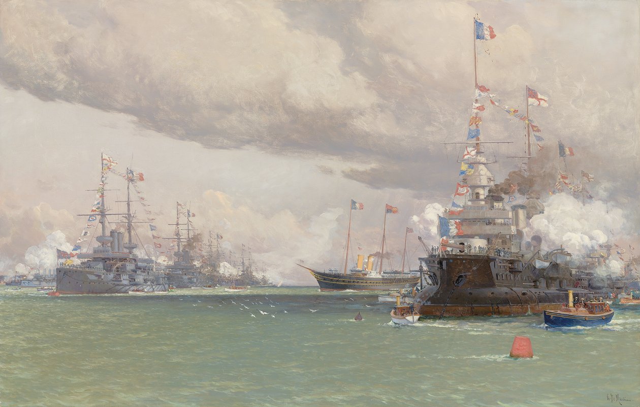 L"Entente Cordiale: Royal Yacht Victoria & Albert III gennemgår den engelsk-franske flåde i Cowes Road, 1905 af Eduardo de Martino