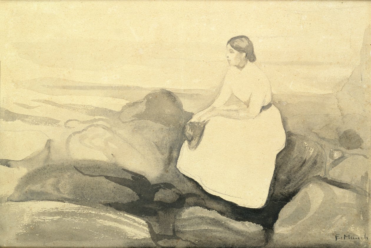 Inger på stranden, ca. 1889 (wc og blyant på papir lagt på kort) (se 24717) af Edvard Munch