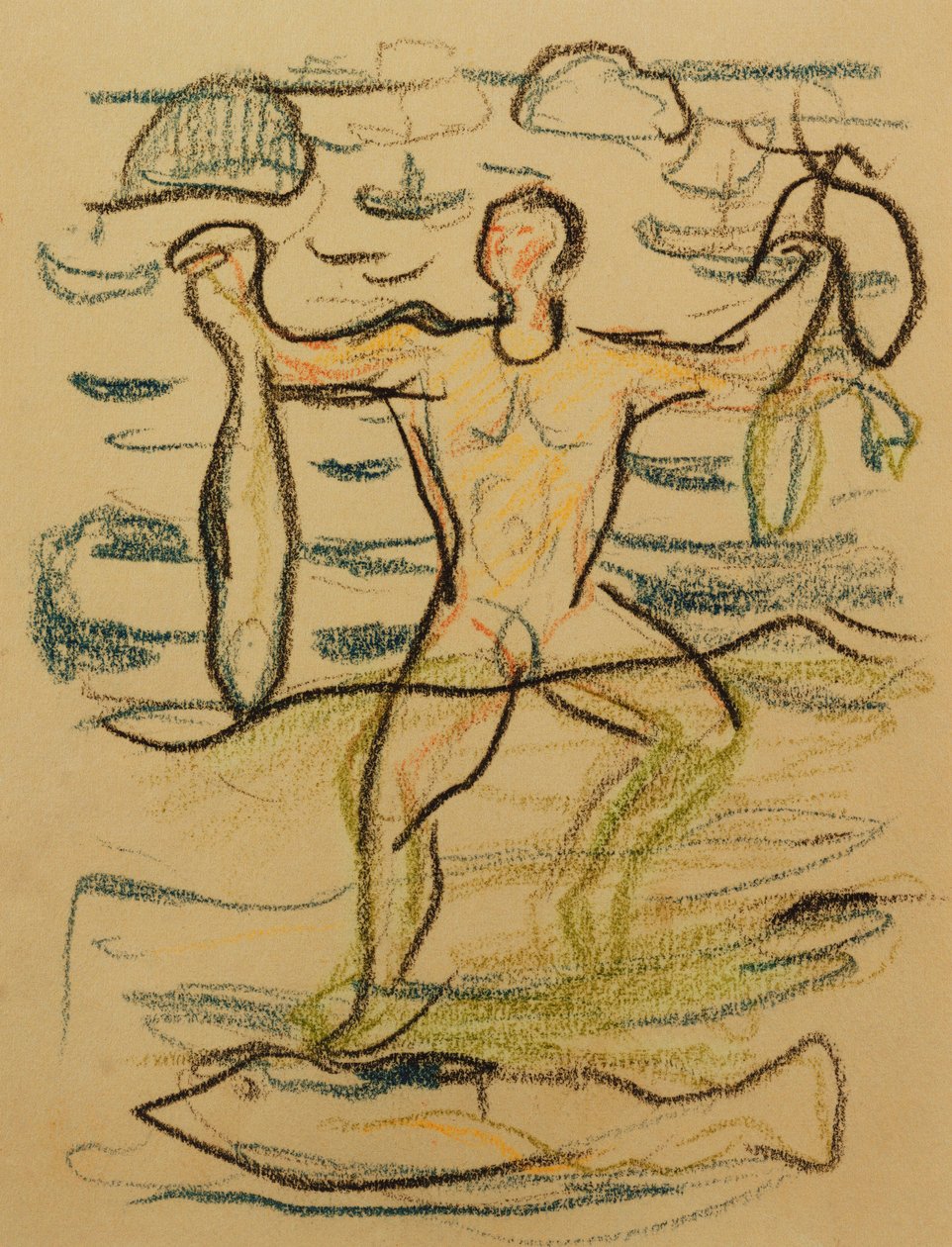 Badende med fisk, ca. 1915-20 (farvet kridt) af Edvard Munch
