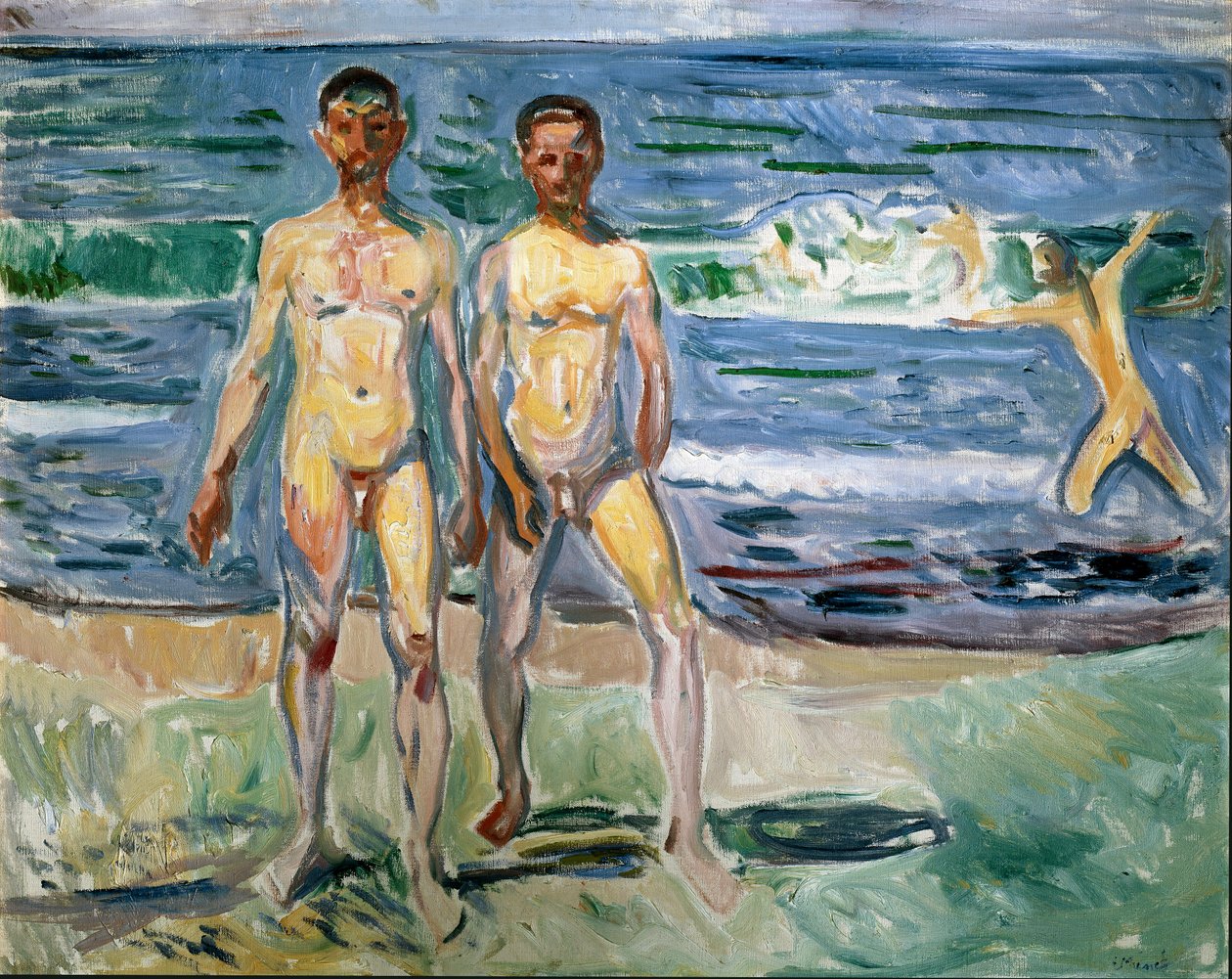 Badende Maleri af Edvard Munch (1863-1944) 1940-1942 Søn. 149,5x120 cm Wien, Kunsthistorisches Museum, Nue Gallery in der Stallburg af Edvard Munch