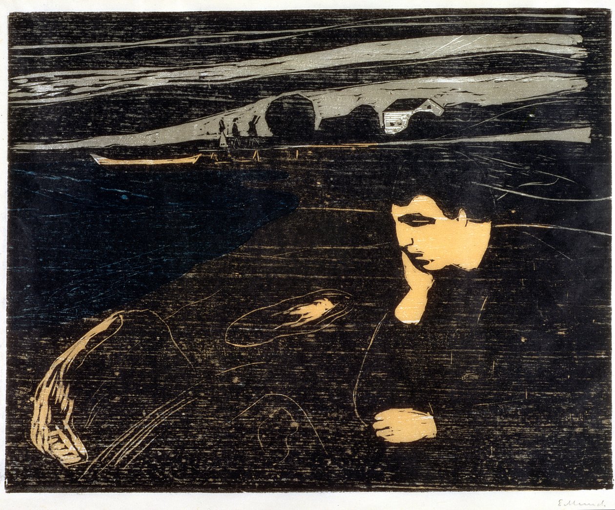 Aften, melankoli: På stranden (Abend, Melancholie am Strand) (træsnit) af Edvard Munch