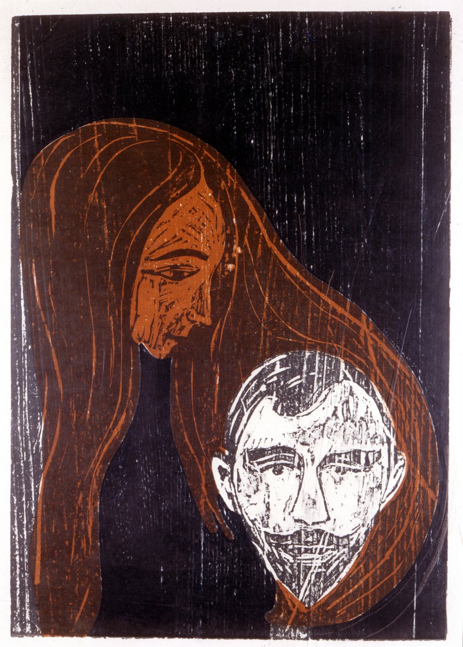Hovedet på en mand i håret på en kvinde af Edvard Munch