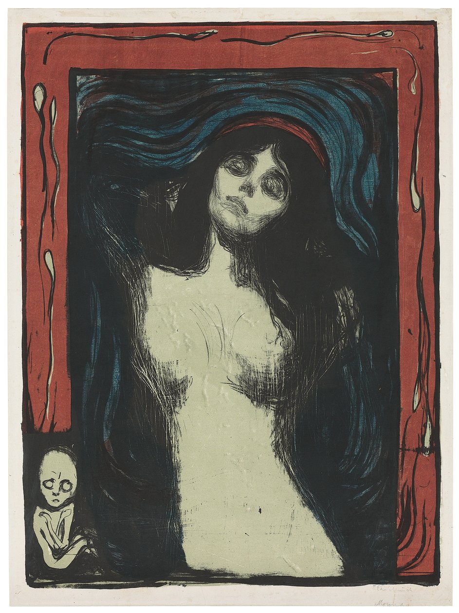 Madonna - Liebendes Weib, ca. 1895-1902 (litografi, trykt i sort, rød, blå og jadegrøn på hvid) af Edvard Munch