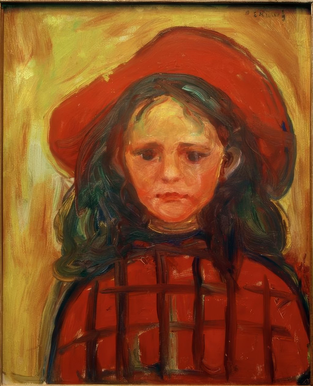 Pige med en rødternet kjole og rød hat af Edvard Munch
