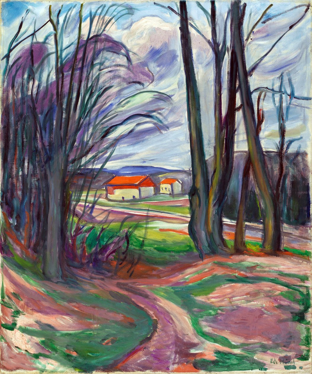 Landskab ved Skoyen (Oslo, Norge). Maleri af Edvard Munch (1863-1944), olie på lærred, omkring 1920. Norsk kunst, 1900-tallet, ekspressionisme. Privat samling. af Edvard Munch