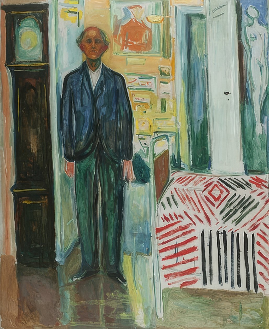 Selvportræt. Mellem uret og sengen. 1940-42 af Edvard Munch
