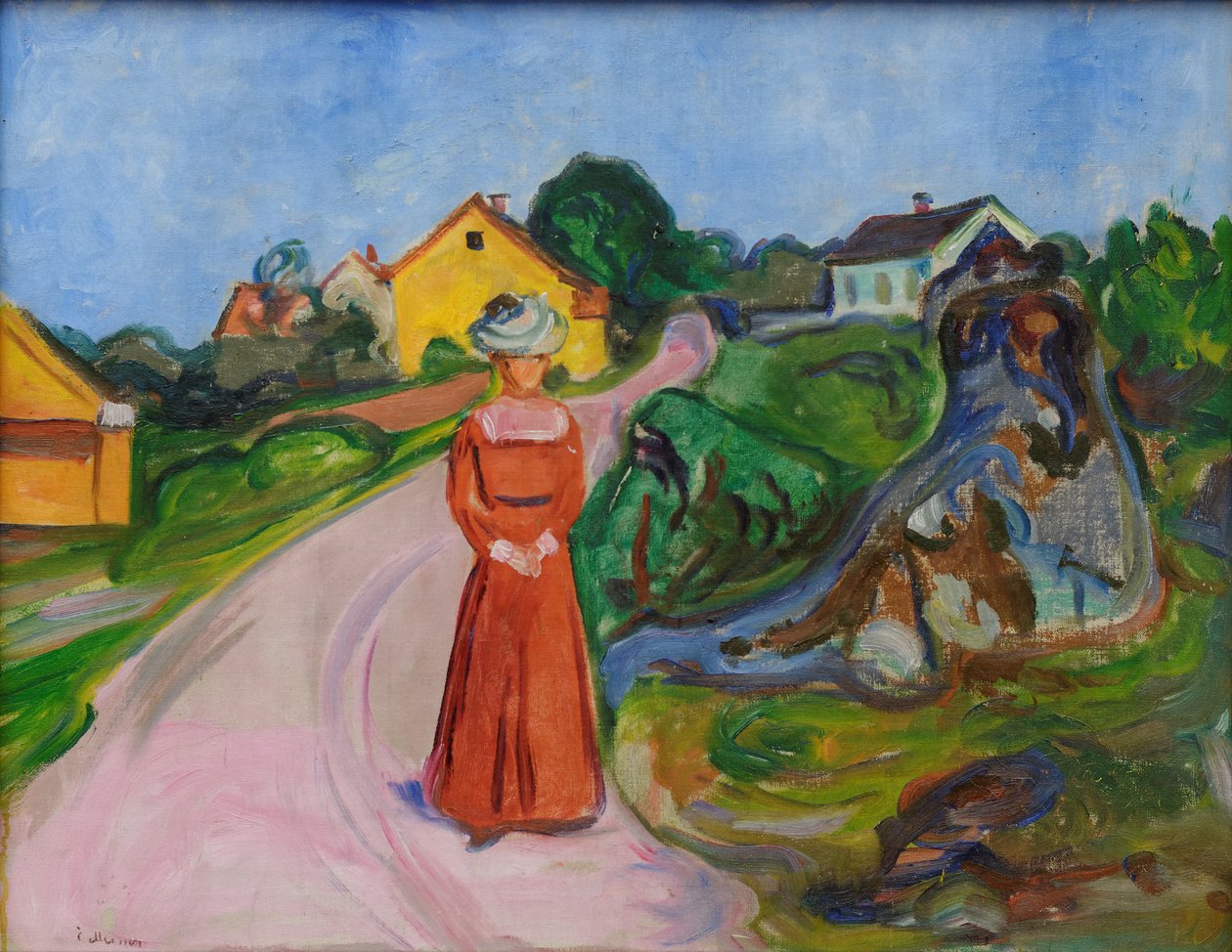 Gade i Åsgårdstrand og en kvinde i rød kjole af Edvard Munch
