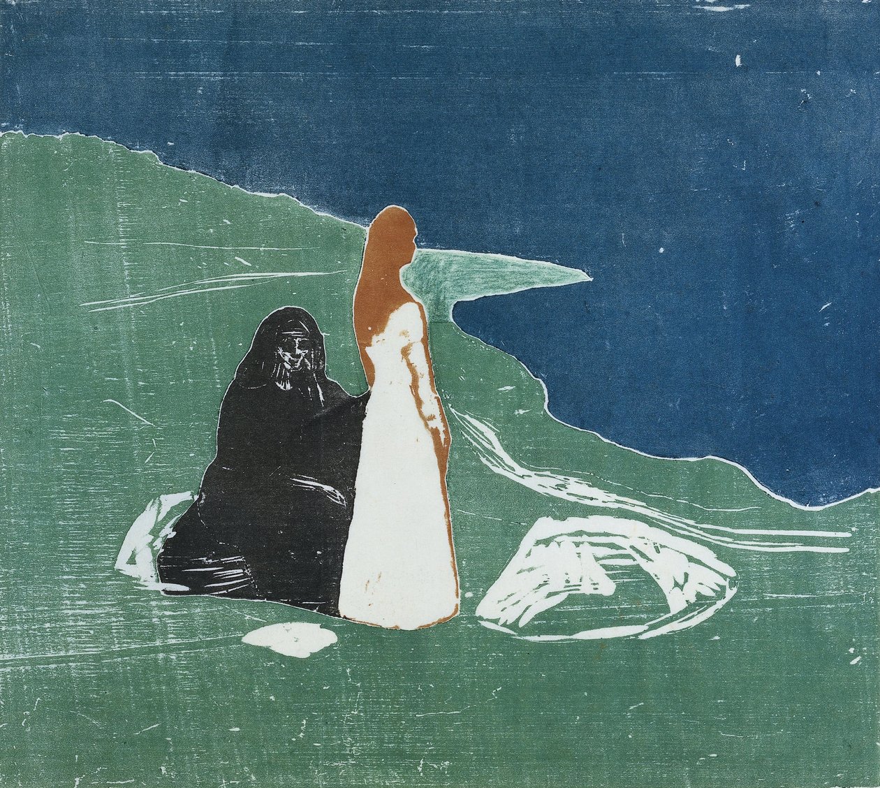 To kvinder på en strand, 1898 (farvetræsnit) af Edvard Munch