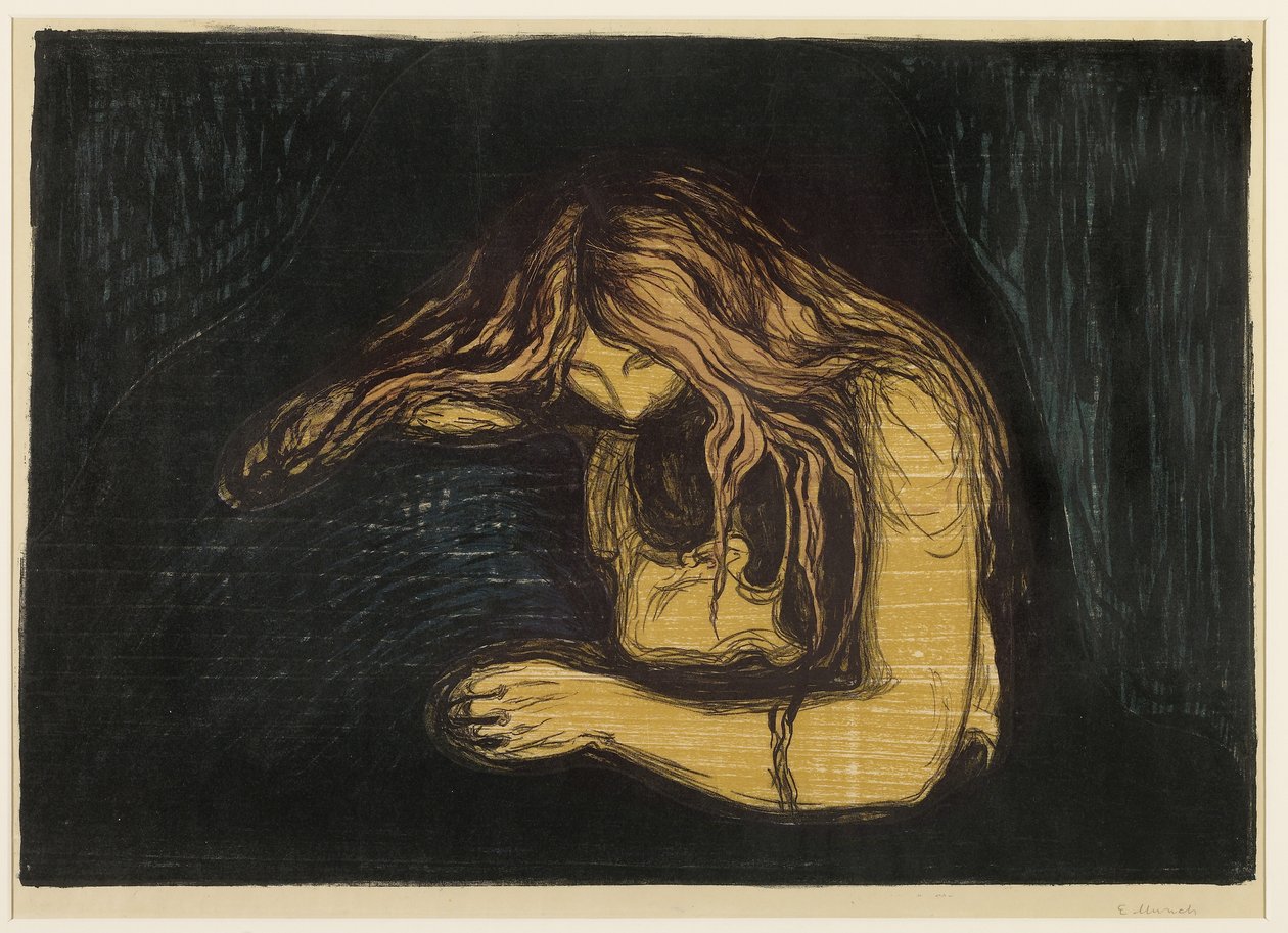 Vampyr, 1895-1902 (farvetræblok & litografi på tyndt vævet papir på tyndt japansk papir) af Edvard Munch