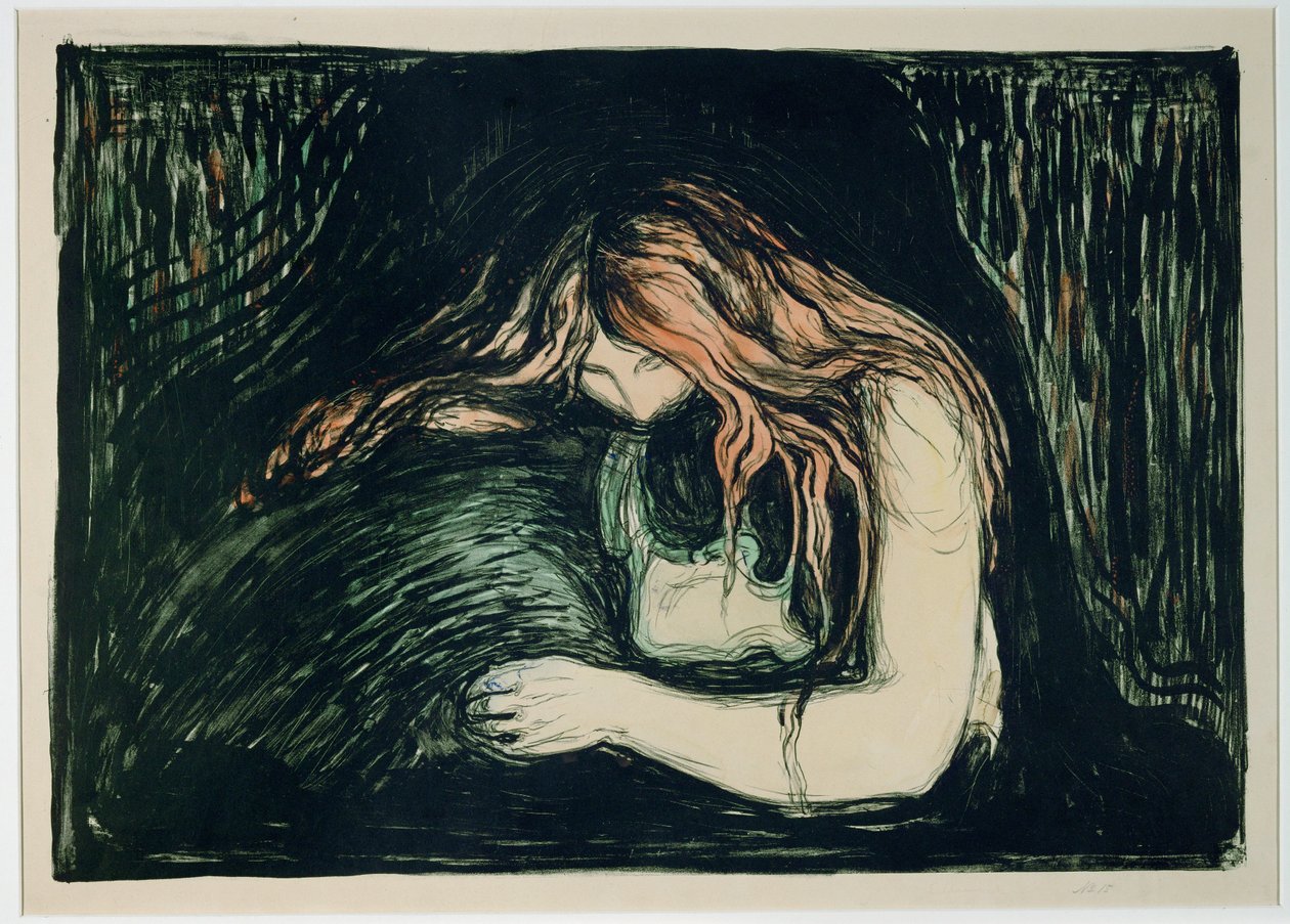 Vampyr II (håndkoloreret litografi) af Edvard Munch