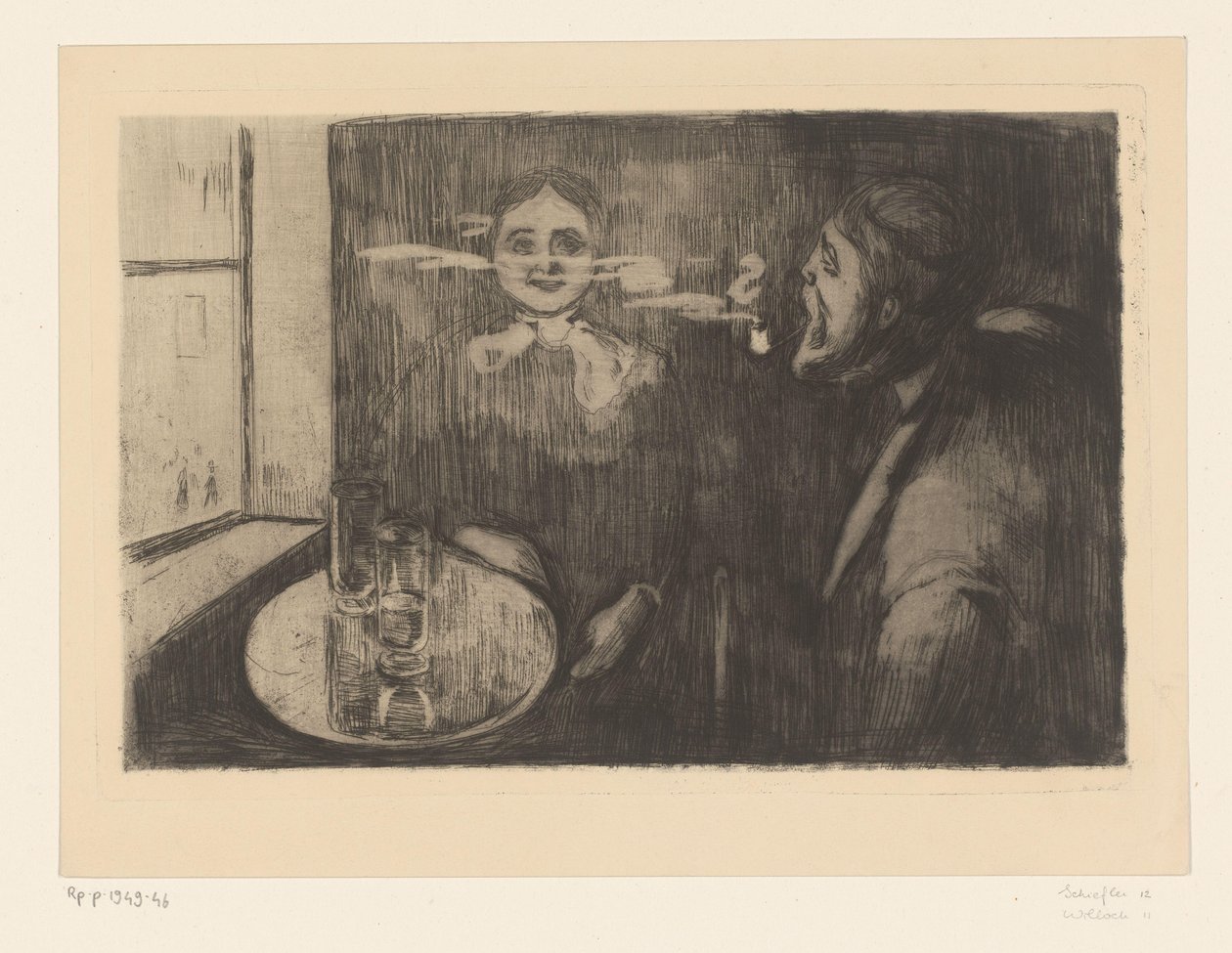 Kvinde og mand ryger pibe ved et bord Tête-à-Tête (original titel) af Edvard Munch