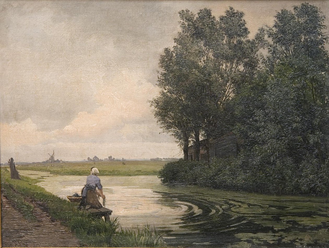 Hollandsk landskab. En pige vasker ved en kanal af Edvard Petersen