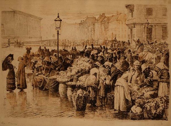 Grøntsagsmarkedet, København (pen og blæk) af Edvard Petersen