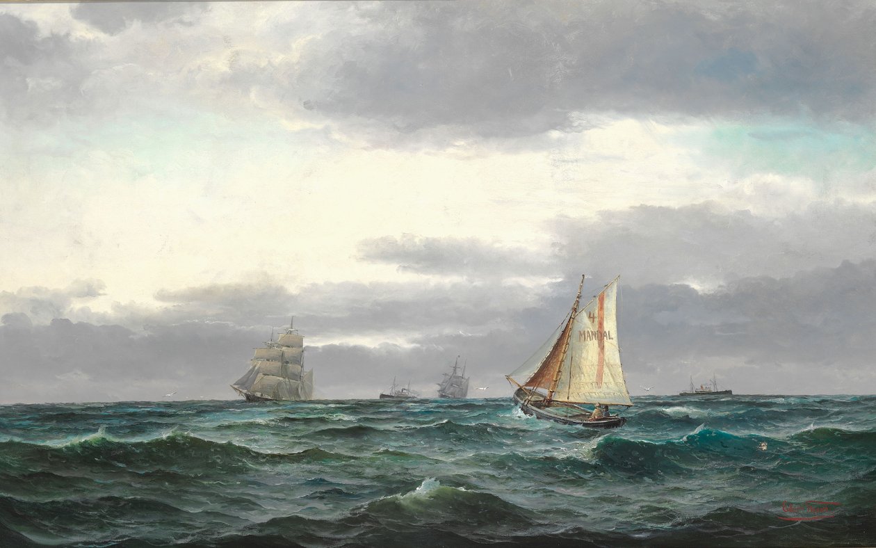 Marine med flere skibe, grå regnfulde skyer og en smule blå himmel af Edvard Skari
