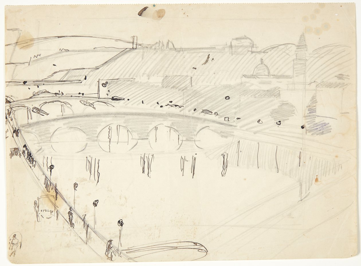 Udsigt fra et vindue ved Lungarnoen over floden mod Santo Spirito og San Miniatohøjderne, Firenze af Edvard Weie