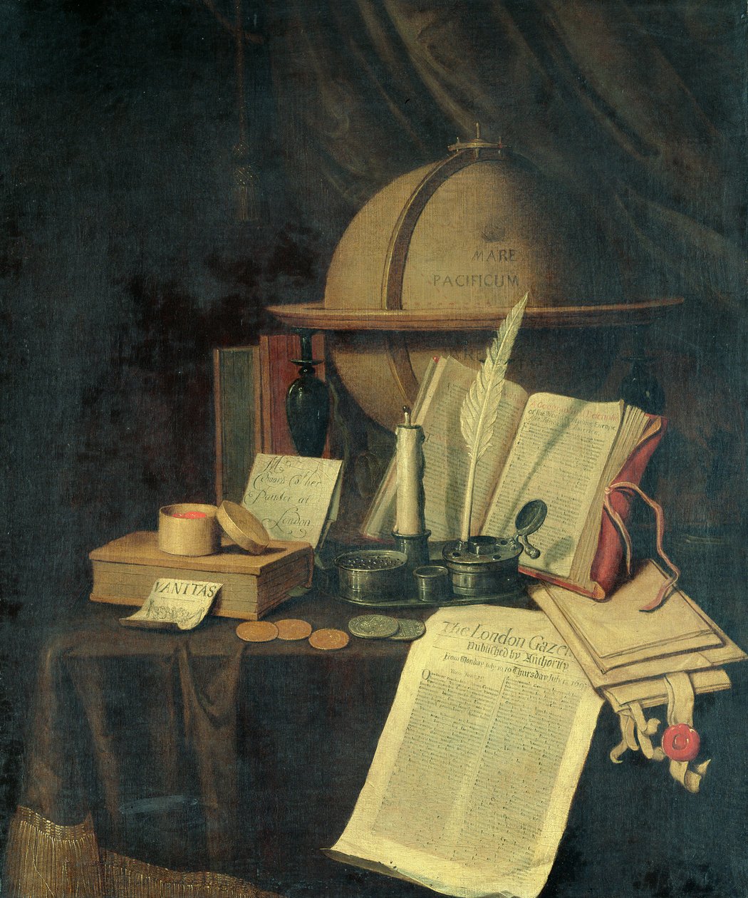 Omnia Vanitas: en jordklode, en caviole, mønter og en kopi af London Gazette for 13. juli 1691 af Edwaert Colyer or Collier