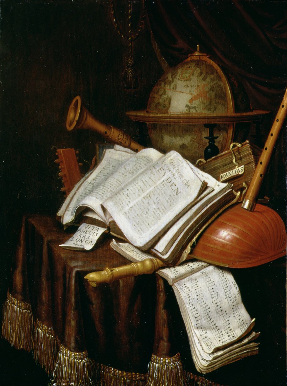 Vanitas med en globus, noder og instrumenter, 1692 (panel) af Edwaert Colyer or Collier