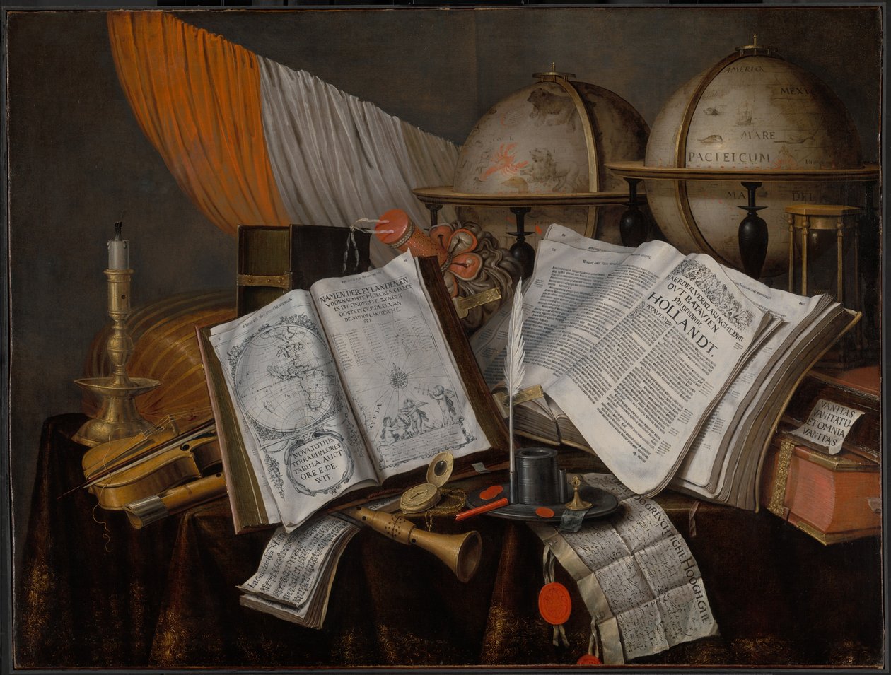 Et Vanitas-stilleben med et flag, lysestage, musikinstrumenter, bøger, skriveudstyr, glober og timeglas af Edwaert Collier