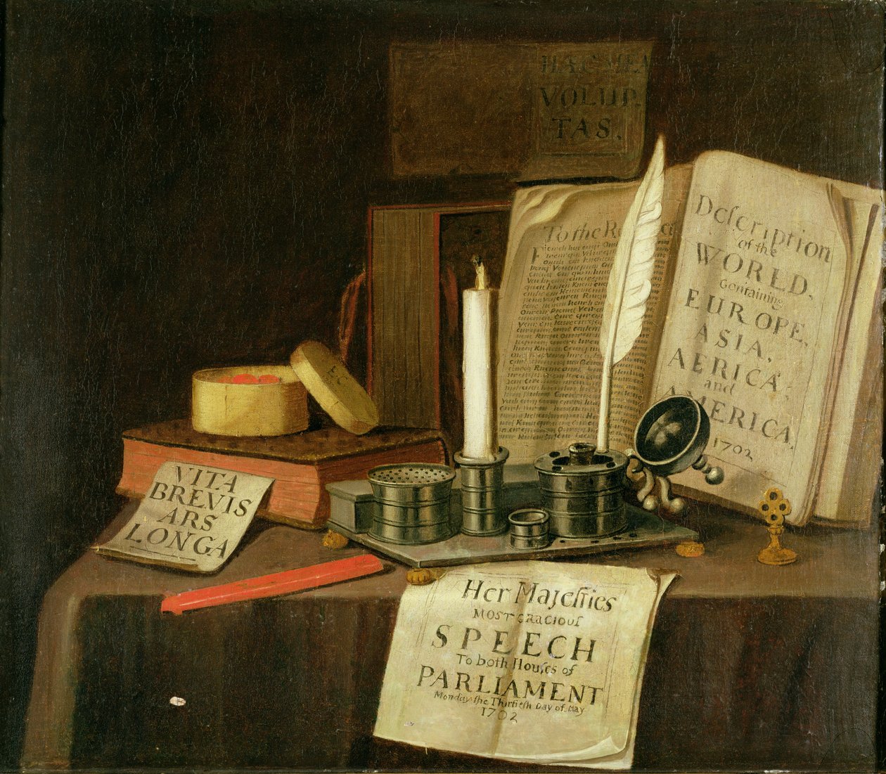 En Trompe L"Oeil med et stativ af tinblæk, bøger og papirer, 1702 af Edwaert Colyer or Collier